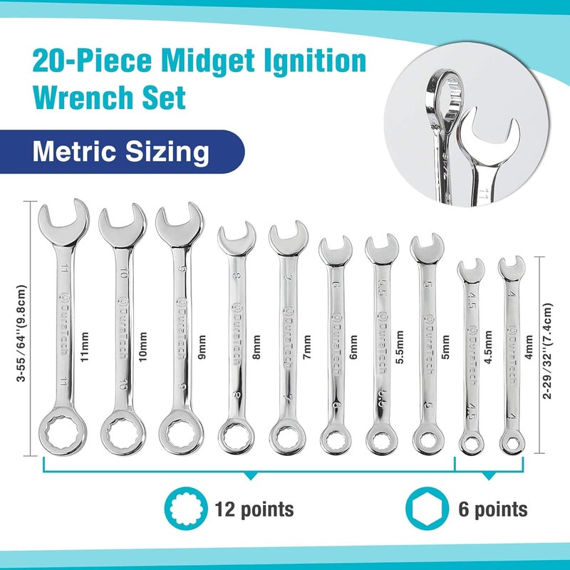 DURATECH Mini Wrench Set, Midget Combination Wrench Set, 20-Piece, Metric & SAE, 4-11mm & 5/32" - 7/16", Lightweight, with Rolling Pouch - Image 3